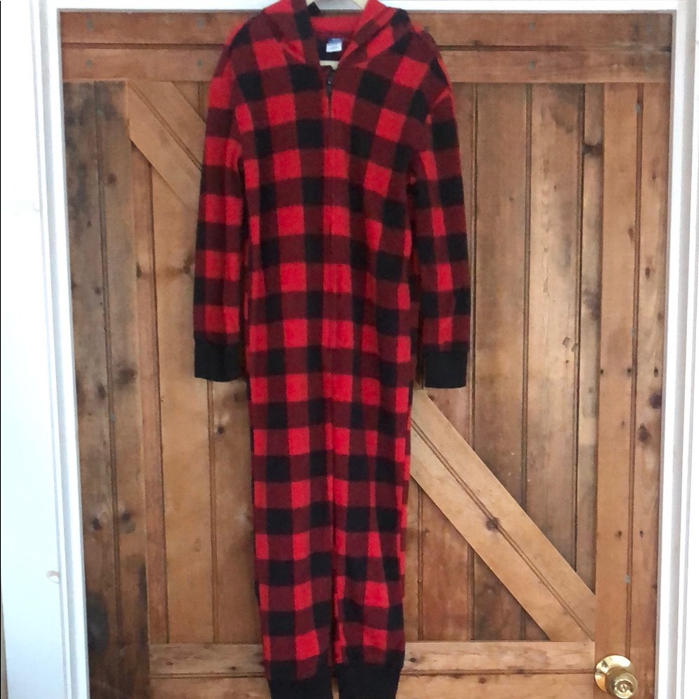 Old Navy Kids Fleece Hoodie Onesie, S 6/7 Unisex, Red Black Buffalo Plaid, NWOT